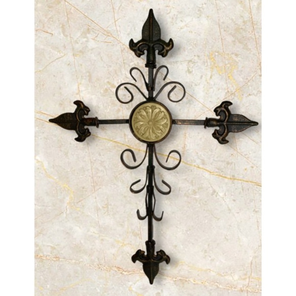 Bronze Wrought Iron Large Heavy Fleur De Lis Cross Ready To Hang 19” X 14”